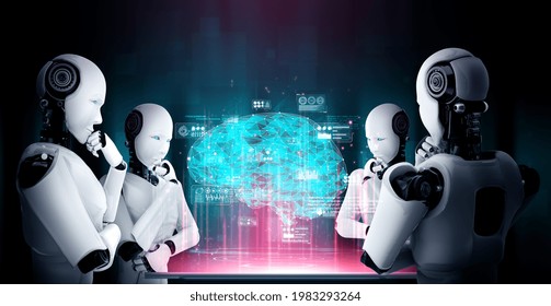 Thinking AI Humanoid Robot Analyzing Hologram Screen Showing Concept Of AI Brain And Artificial Intelligence Thinking By Machine Learning Process. 3D Illustration.