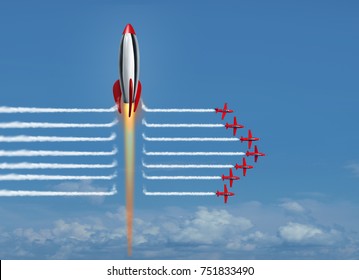 Thinking big business concept as a large rocket blasting through the smoke of a group of jet air planes as a financial metaphor for corporate winner as a 3D render.