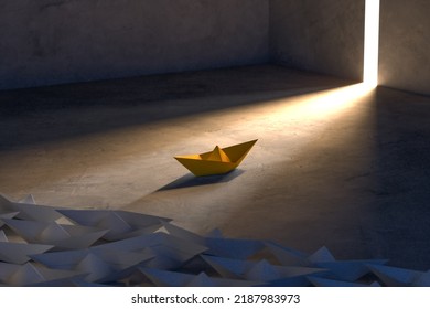 Thinking Different Business Concept Step Out Of Your Comfort Zone To Change In Business Management. Paper Boat Change Direction Way From Dark To Light. Original Solution - 3d Render