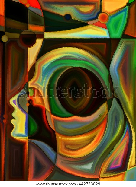 Thinking Divided series. Arrangement of human\
profiles and stained glass lines on the subject of mind, science,\
technology and\
education