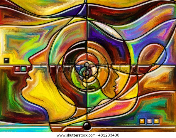 Thinking Divided series.
Backdrop composed of human profiles and stained glass lines and
suitable for use in the projects on mind, science, technology and
education