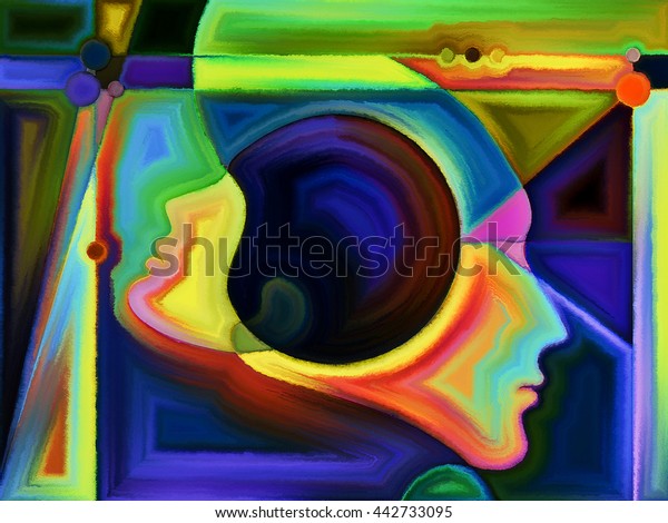 Thinking Divided series. Background design of\
human profiles and stained glass lines on the subject of mind,\
science, technology and\
education