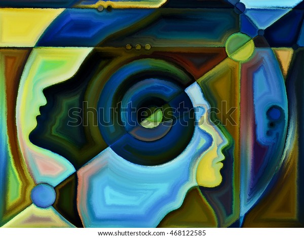 Thinking Divided series. Composition of human\
profiles and stained glass lines on the subject of mind, science,\
technology and\
education
