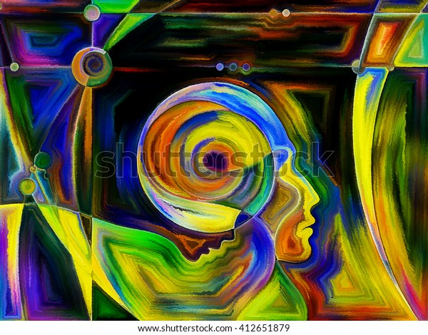 Thinking Divided series.\
Creative arrangement of human profiles and stained glass lines as a\
concept metaphor on subject of mind, science, technology and\
education