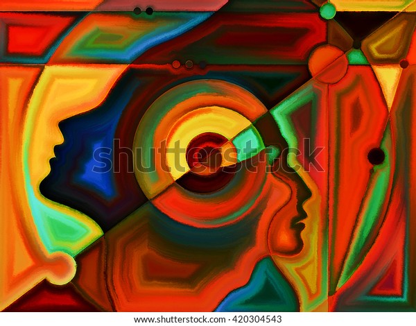 Thinking Divided series. Interplay of human\
profiles and stained glass lines on the subject of mind, science,\
technology and\
education