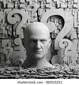 Thinking man statue with question mark on gray background to illustrate learning, education, testing, quizzing, creativity and imagination