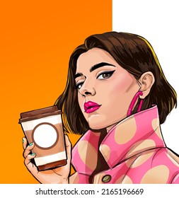 Thinking Pop Art Woman With Coffee Cup. Advertising Poster Or Party Invitation With Sexy Girl With Amazed Face In Comic Style.