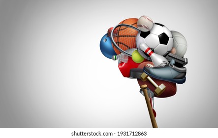 Thinking Sports And Sport Brain Psychology Concept As A Group Of Exercise Equipment For Psychological Mental Health As Exercising To Improve Cognitive Fitness With 3D Illustration Elements.