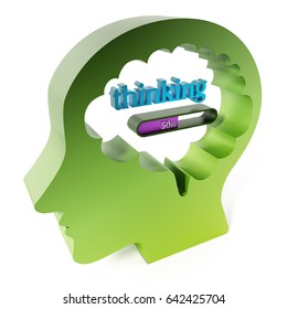 Thinking word and loading bar iin the brain. 3D illustration.