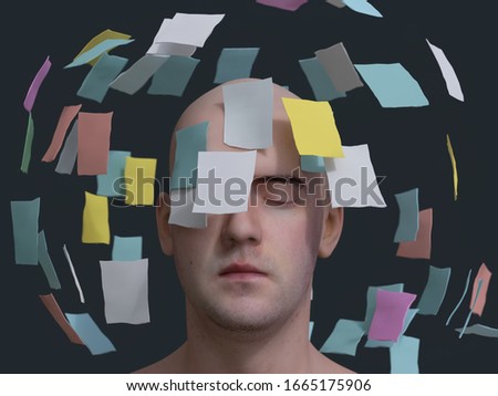 thinking young man with head covered in sticky reminding notes, 3d illustration