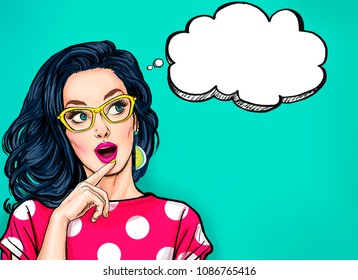 Thinking young sexy woman with open mouth looking up on empty bubble.Pop Art girl is thought and holding hand near the face