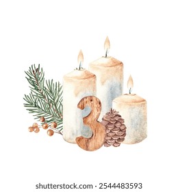 Third Advent, Christmas Candles Composition with Fir Branches, Winter Berries, Pine Cone and wooden Number Three. Hand drawn Botanical illustration isolated on white background. For Cards and Prints. - Powered by Shutterstock