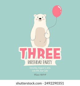 Third birthday invitation with cute bear and balloon - Powered by Shutterstock