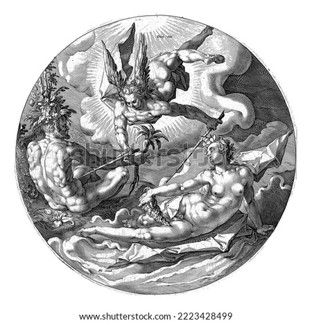 The third day of creation: an angel separates the land from the water from the sea. The land is represented as a naked man with a carrot in his hand and with a headdress of plants, trees and flowers.