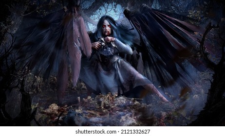 A thirsty vampire girl with red eyes, she's gone wild, sitting eating a broken crow in a dark forest strewn with bloody bones, she's a fallen angel in a white dress with torn bone wings. 3d rendering