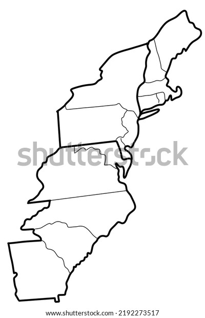 Thirteen colonies outline map. Black\
and white line illustration of the original 13\
colonies