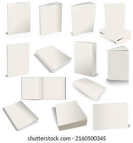 Thirteen Paperback books blank white template for presentation layouts and design. 3D rendering. Digitally Generated Image. Isolated on white background.