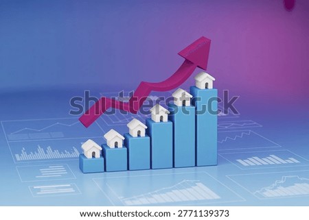 This 3D bar graph illustrates a positive trend in the housing market, with a pink arrow pointing upwards, indicating growth and increase in the real estate sector. The graph is set against a gradient background with a mix of purple and blue colors, giving it a modern and dynamic look. The image represents a successful and prosperous future in the world of business and commerce.