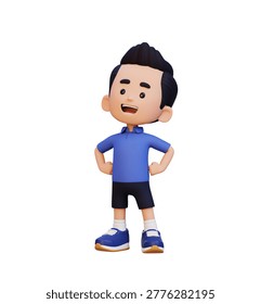 This 3D character illustration features a young boy with a proud stance hands on his hips and a beaming smile embodying achievement and self assurance.