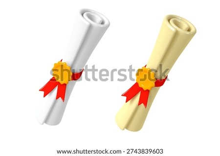 This 3D illustration features two rolled-up diplomas or certificates, one in pristine white and the other in a classic parchment yellow. Both are tied with a vibrant red ribbon and sealed with a prominent golden wax seal, symbolizing official recognition and academic achievement. The objects are rendered in a clean, stylized manner, ideal for themes of education, success, and milestones