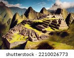 This is a 3D illustration of Machu Picchu, Peru, Mysterious Settlement, Andes Mountains