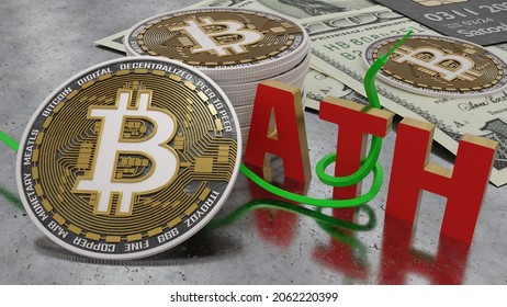 This 3d Illustration Represents Bitcoin Coins, 100 Dollar Bills And 3 Letters ATH With The Meaning 