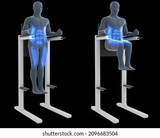 This 3d Illustration Shows  An Xray Man Performing Hanging Leg Raises Workout On A Black Background