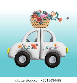 This 3D image a charming small white retro car with a basket of colorful flowers on its roof.This image is perfect for use in greeting cards,wedding invitations,spring or summer promotions,floral chop - Powered by Shutterstock