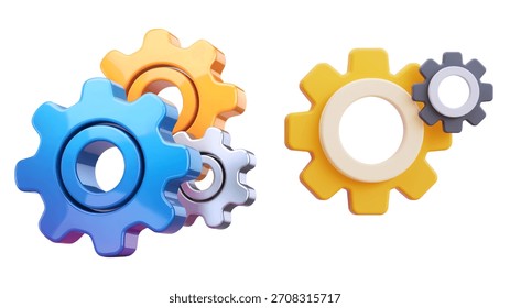 This 3D render displays a collection of interlocking gears and cogwheels in various sizes and colors, including blue