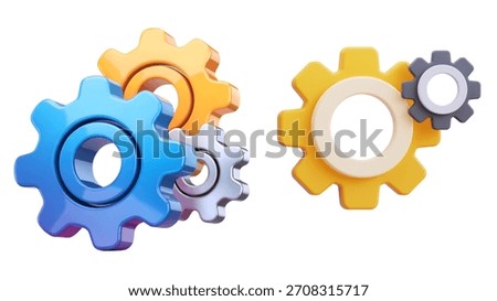 This 3D render displays a collection of interlocking gears and cogwheels in various sizes and colors, including blue