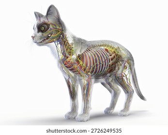 This 3D render displays the complete visceral anatomy of a feline in full color against a clean white background.