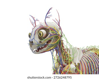 This 3D render displays the cranial anatomy and interconnected organ systems of a feline head in full color against a clean white background.