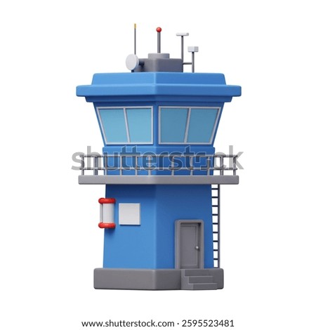 This 3D render features a blue cartoon-style airport control tower with visible windows and antenna, perfect for architectural renders and transportation design.