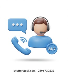 This 3D render illustrates customer support availability through phone and chat, offering service 24 hours Use this to represent always-available help and assistance. - Powered by Shutterstock - Get 15% off with code: PIKWIZARD15