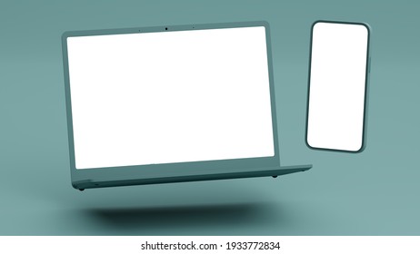 This is 3D render. Mock-up. Floating blue laptop and smartphone with blank screens on pastel blue background. Minimalist design. 
