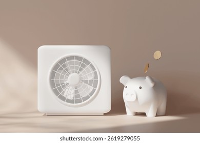 This 3D render showcases an air source heat pump alongside a piggy bank, symbolizing energy efficiency and cost savings. The modern design highlights innovative technology in home heating and cooling