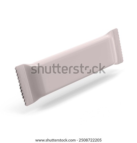 This 3D render showcases a snack bar with a glossy, colorful wrapper that highlights the brand and product details. The realistic texture of the unwrapped bar, revealing ingredients like nuts