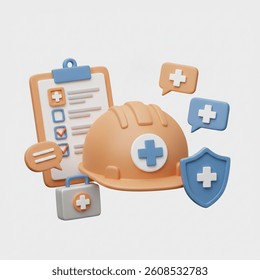 This 3D render shows safety equipment, including a hardhat, first aid kit, and clipboard, perfect for illustrating workplace health and safety concepts.