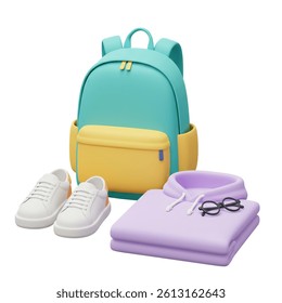 This 3D rendering features a cute backpack with shoes and a hoodie, ideal for showcasing school essentials or travel gear concept.