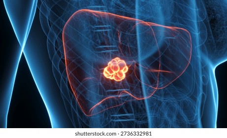 This 3D x-ray view shows liver cancer in a female, wide angle anterior view, highlighting abnormal growth, semi-transparent against a solid black background.