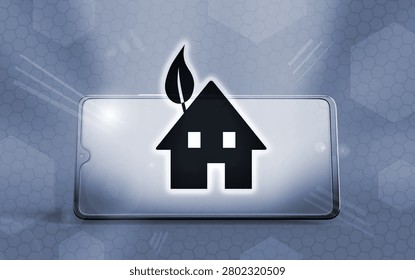 This 3D-rendered composition showcases a modern smartphone displayed horizontally against a sophisticated, abstract digital background. Centered on the device screen is a glowing, minimalist icon of a house integrated with a prominent leaf, symbolizing eco-friendly living and sustainable architecture. The visual style bridges the gap between mobile technology and environmental consciousness, representing the future of smart, green, and energy-efficient building management solutions today.