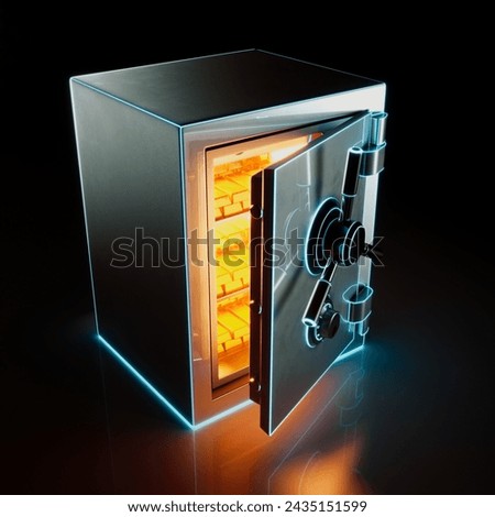 This 3D-rendered visualization shows an open, radiant vault within a darkened secure room, representing financial safety, accessibility, and the safeguarding of assets and valuables.