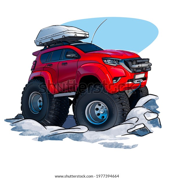 This is 4x4 cartoons car with really big\
wheels 3D\
illustration