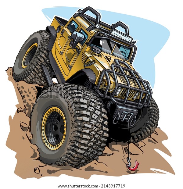 This is 4x4 yellow cartoon car with really\
big wheels and background\
illustration