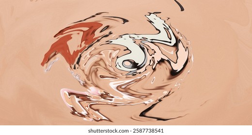 This abstract artwork features a swirling vortex of colors, including earthy tones like brown and beige, contrasted with pops of black and white.
