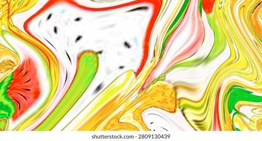 This abstract artwork showcases a mesmerizing display of swirling patterns and colors, blending yellow, green, red, and white hues in a dynamic and energetic composition. The artistic technique used to create this piece is highly imaginative and skillful, resulting in a visually striking and thought-provoking artpiece that showcases the artist's creativity and innovation. The abstract nature of the artwork allows for a range of interpretations, making it a unique and captivating addition to any art collection or decorative space.
