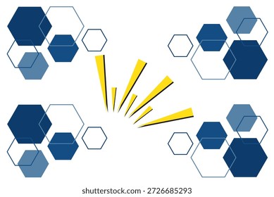 This abstract geometric background features an arrangement of blue and white hexagonal shapes positioned in clusters in each corner, creating a modern and structured aesthetic. From the center, dynamic yellow light bursts emanate, suggesting energy, innovation, or a central focal point. The varying shades of blue hexagons add depth and dimension to the design. This clean and contemporary illustration is suitable for technology presentations, corporate branding, digital marketing materials, or as a vibrant wallpaper.