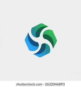 This is an abstract, geometric logo featuring a stylized hexagon shape. Inside the hexagon, four curved elements in shades of blue and green swirl around a central point, creating a dynamic and modern