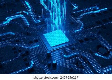 This abstract image captures the essence of futuristic computing, showcasing a microprocessor illuminated by glowing circuits and lights, symbolizing cutting-edge technology.