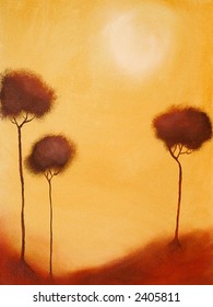 This is an abstract painting of three trees with the sun in the backgraound.